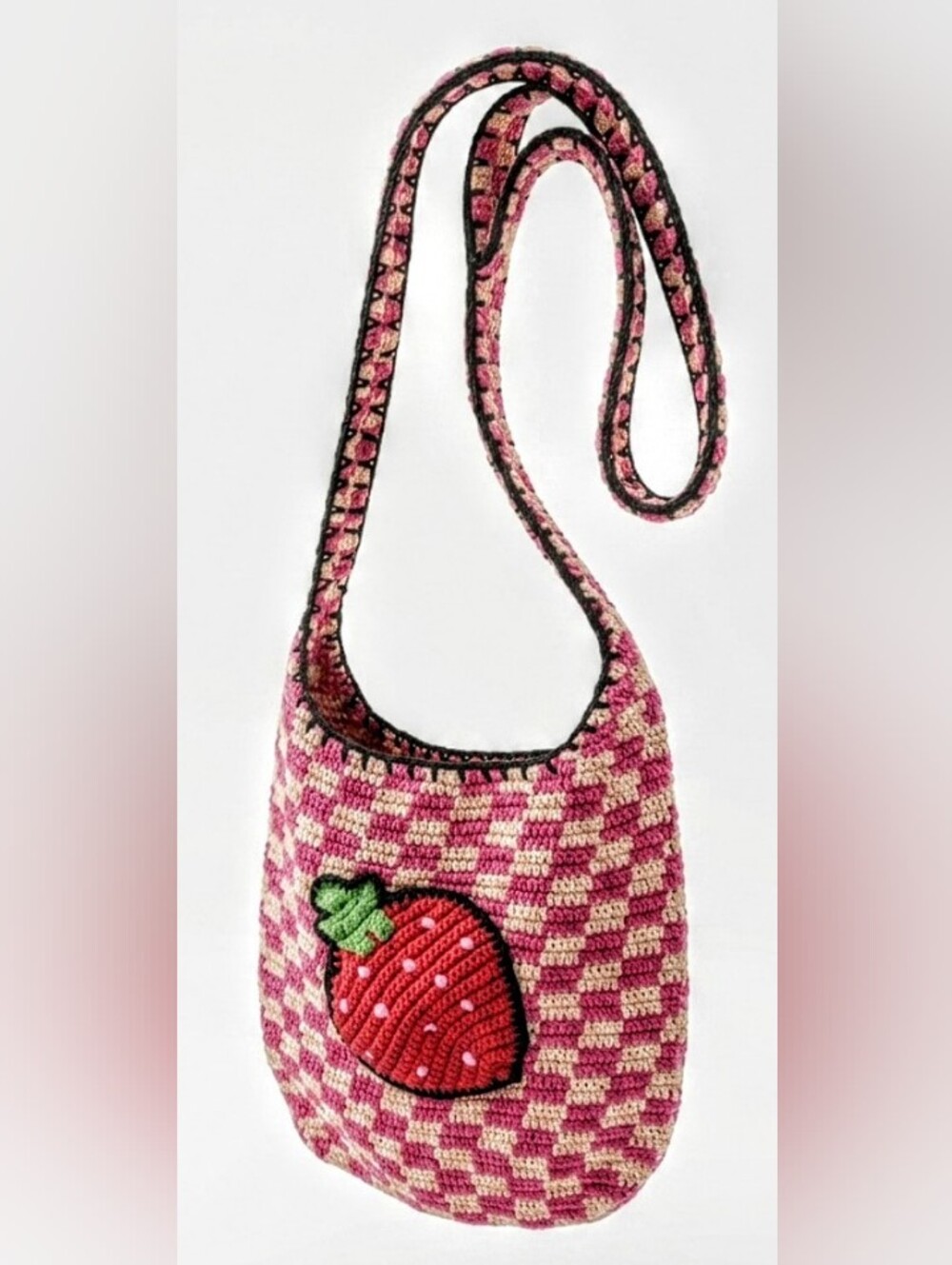 Strawberry Crochet Checkerboard Shoulder Bag Pink & Cream Knit Tote